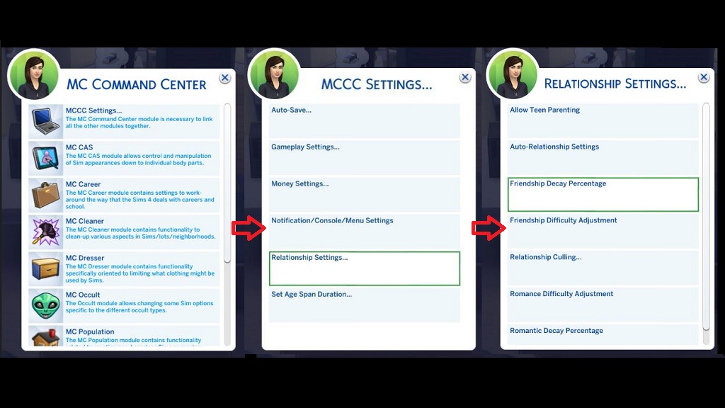 screenshot of MCCC mod for Sims 4
