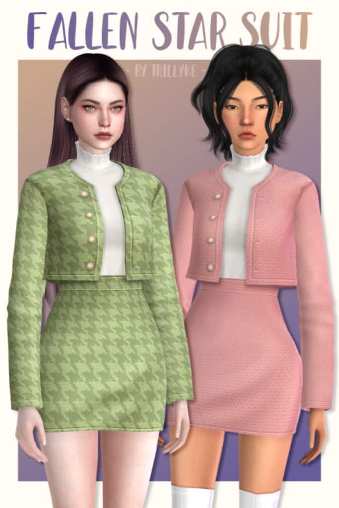 2 womens wearing mini skirt suits