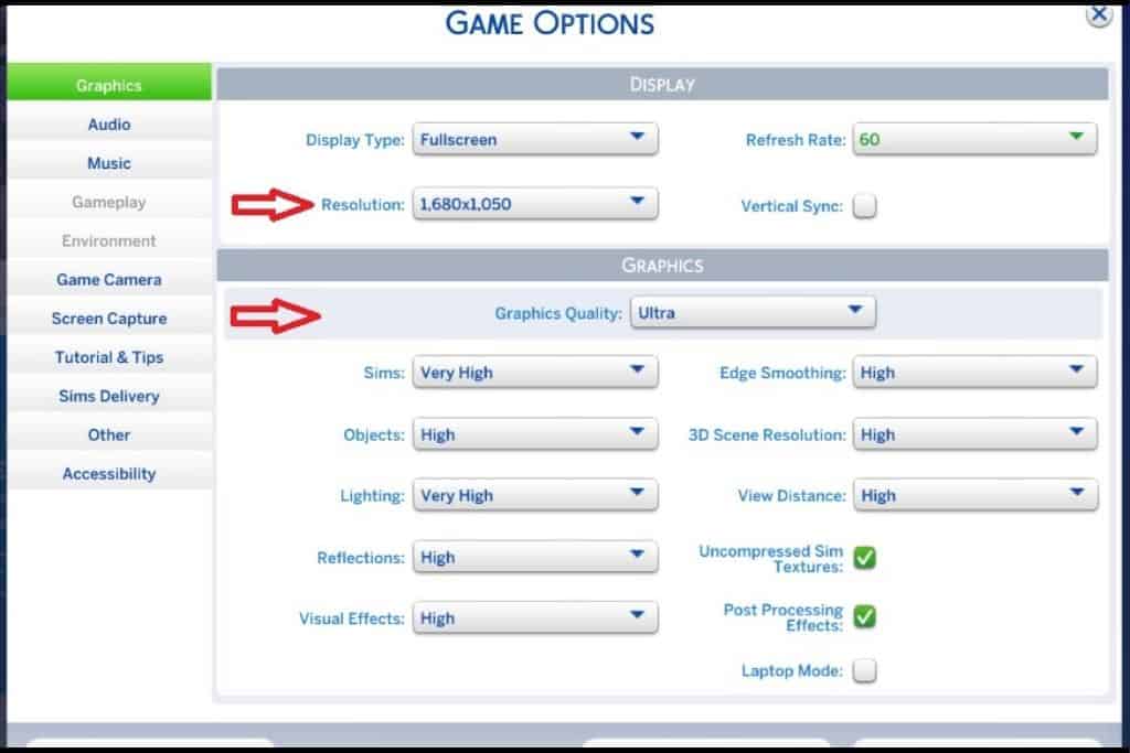 screenshot of resolution and graphics gaming options