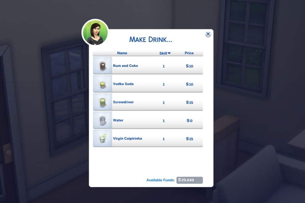 Skärmdump Lista över drycknamn i spelet