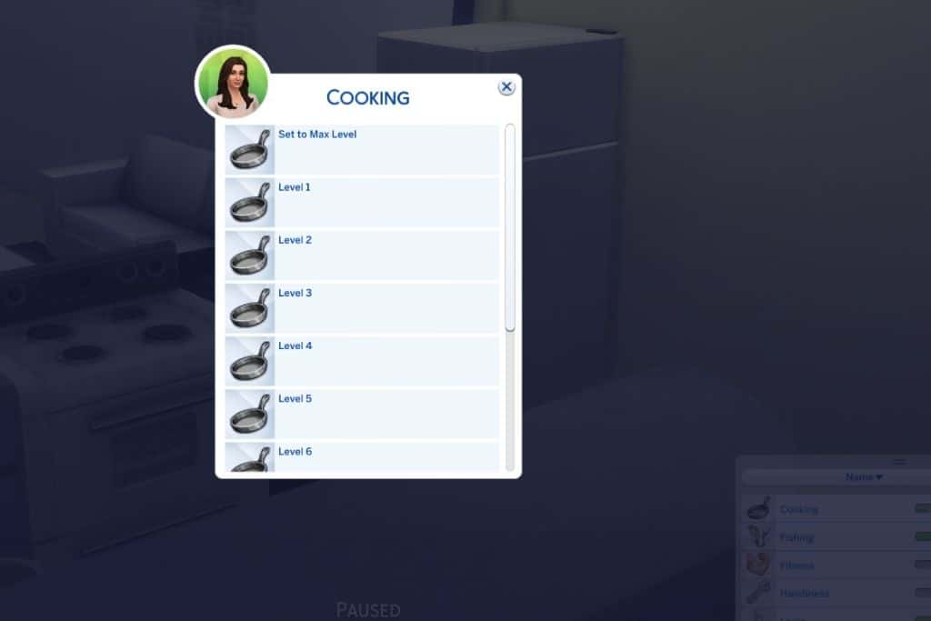 Skärmdump uppgradering av Sims 4 matlagningsförmåga