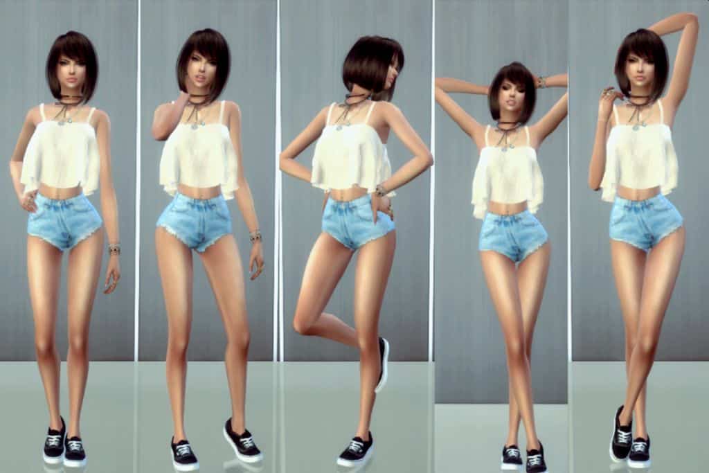 young sim woman in jean shorts with white top posing