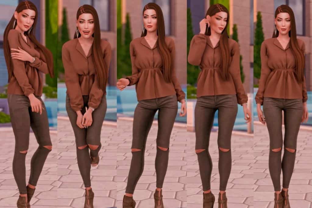 long-haired sim woman with brown shirt posing