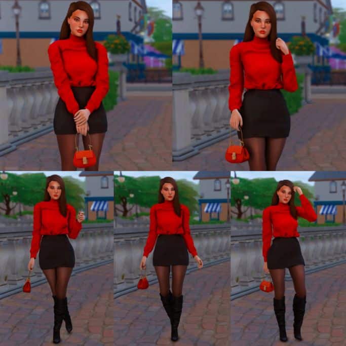 red-shirted sim woman posing with red purse
