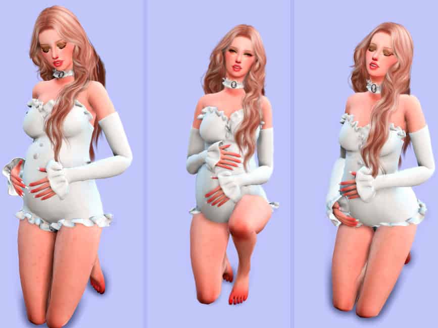pregnant sim in white caressing belly