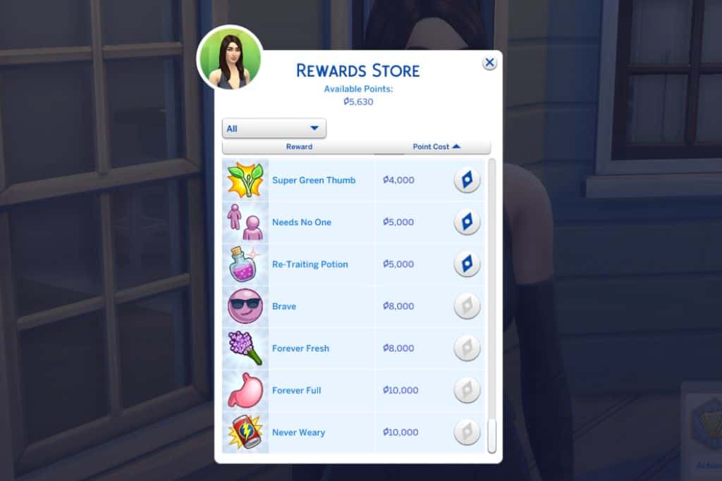 screenshot of sims 4 rewards store