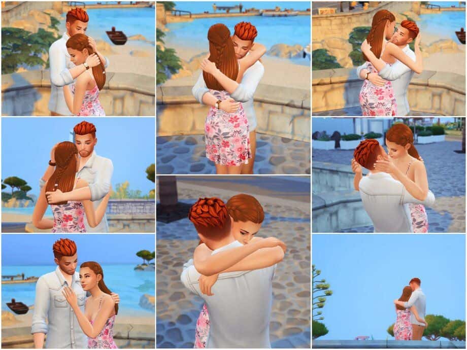 sim couple embracing on bridge