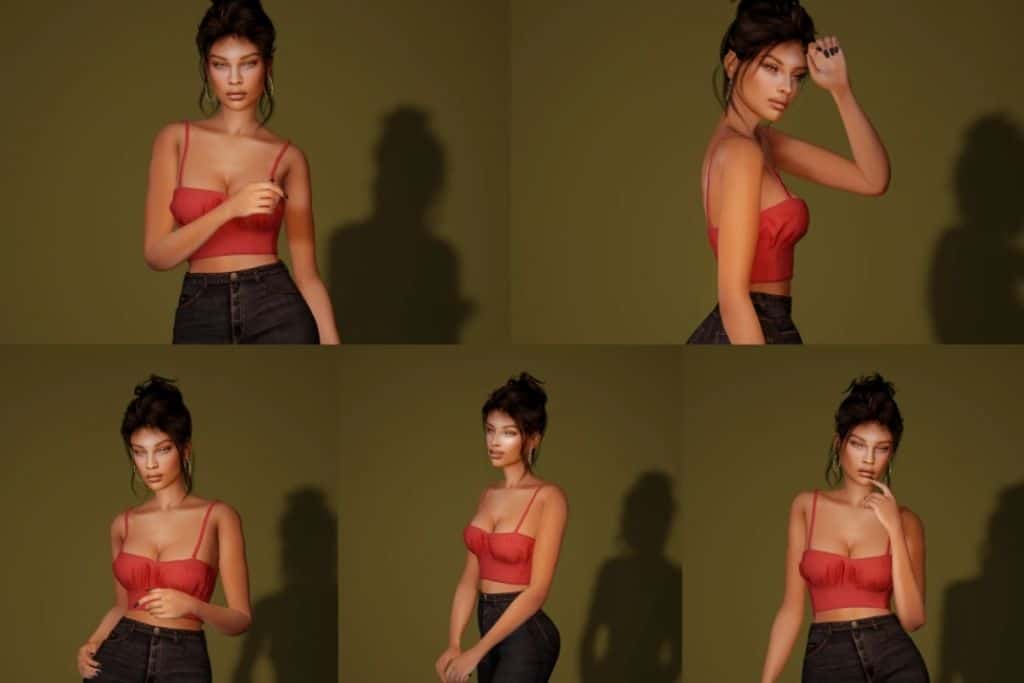 sims 4 woman with red crop camisole top posing