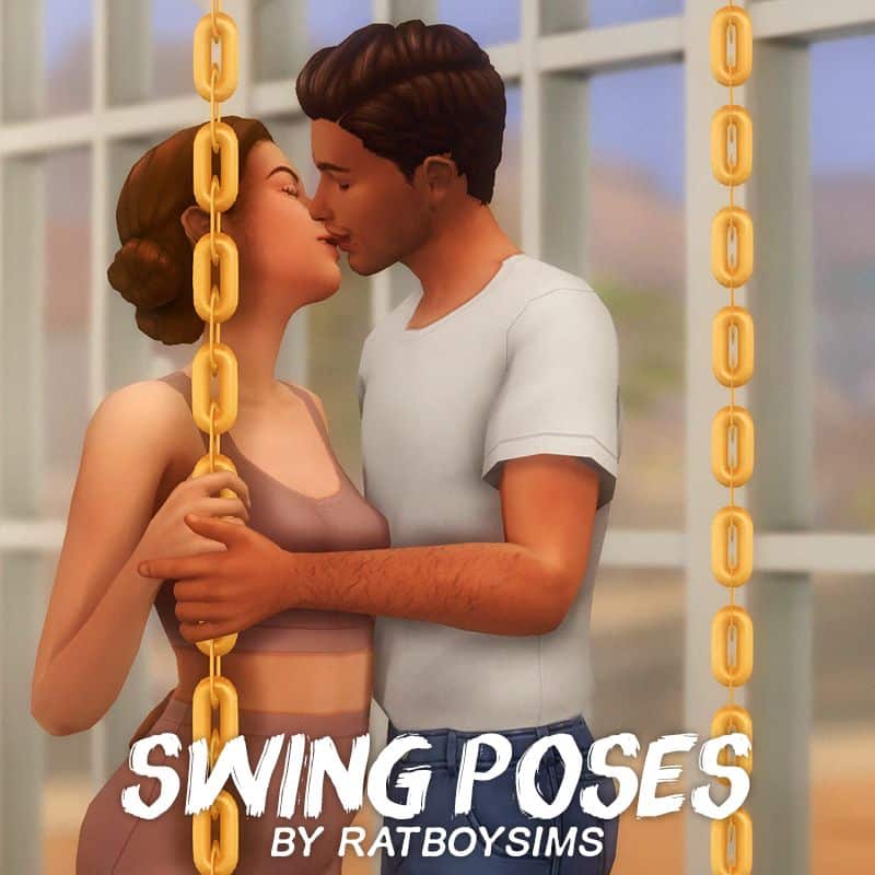 sim couple kissing by the swing