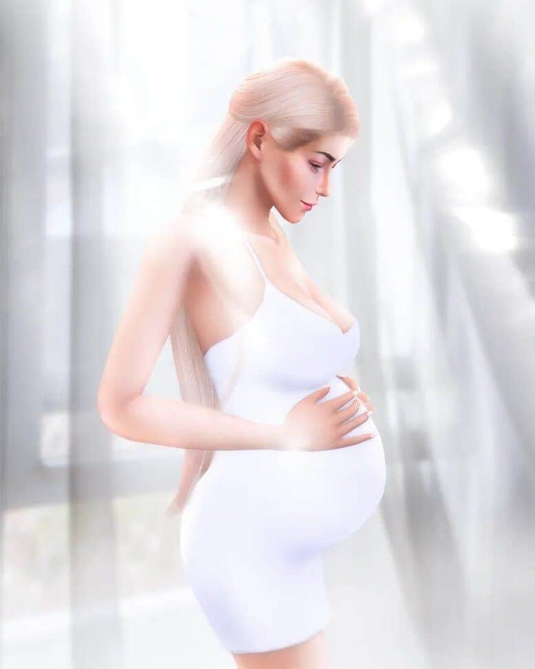 sim 4 pregnant woman in white caressing belly