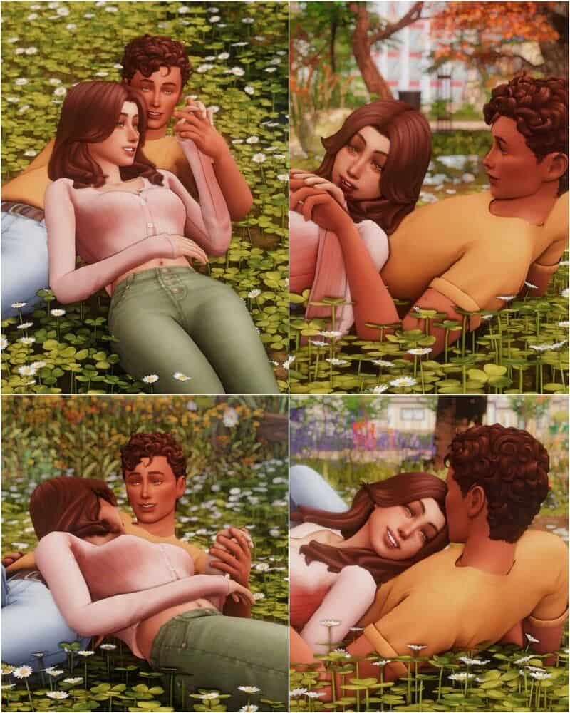 sim couple laying on bed of clovers