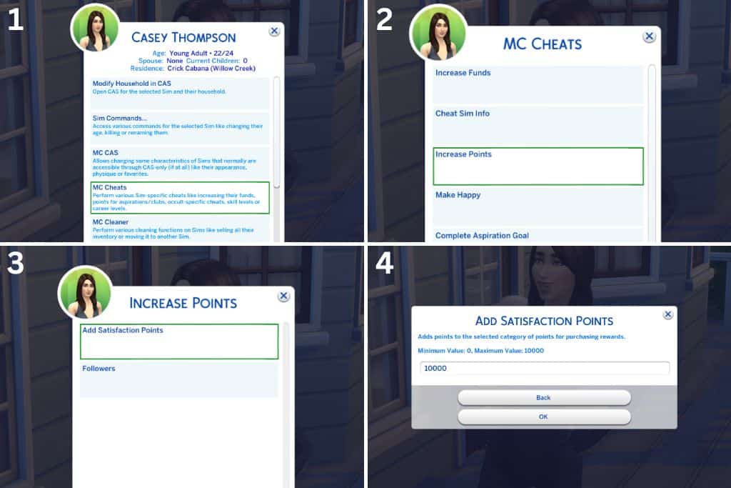 screenshot on gaining sims 4 satisfaction points using MCCC