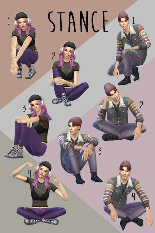 sim boy and girl in purple sitting poses