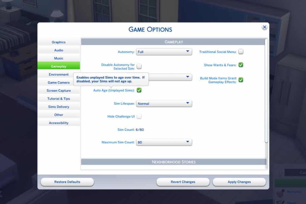 screenshot game settings to auto age unplayed sims