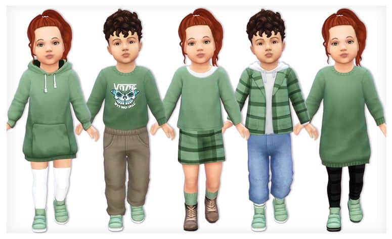 5 toddlers in green fall outfits