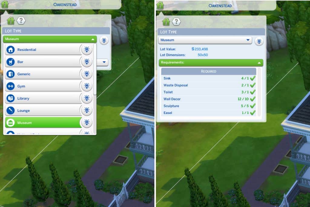 screenshot of sims 4 lot types and requirements