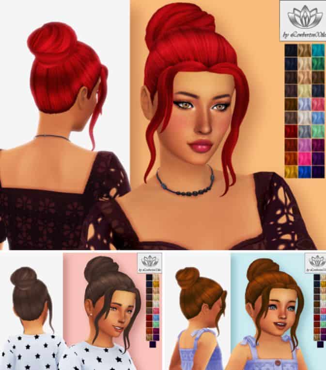 collage of female, child and toddler sims with an updo bun