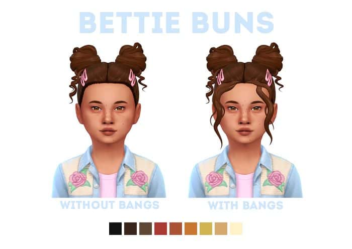 little sim girl with buns in hair with and without bangs