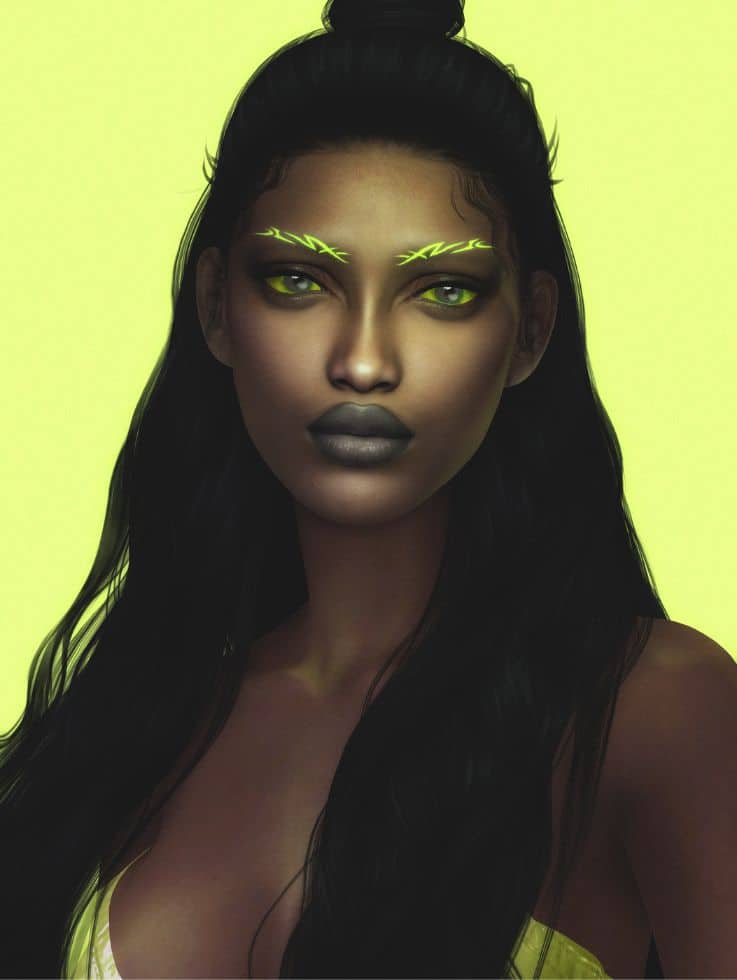 black sims woman with yellow tribal eyebrows