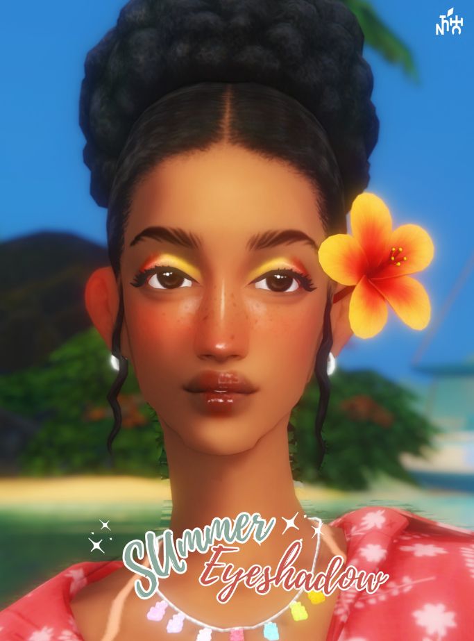 female sim with bright yellow and burnt orange eyeshadow