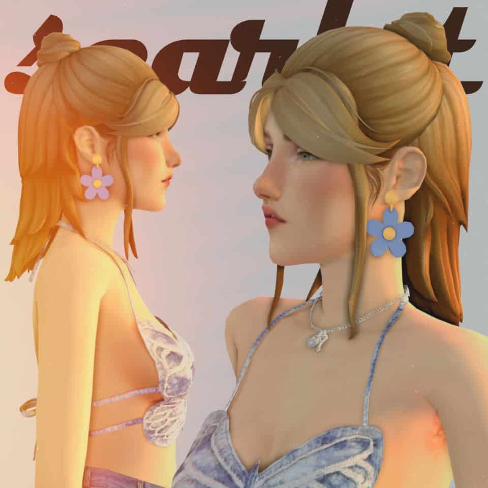 blonde sim women with butterfly top and flower earrings