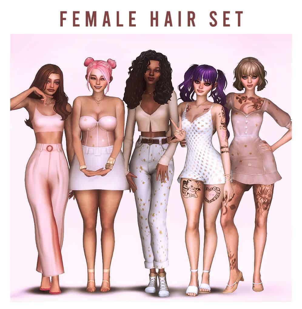 group five sims women with various hairstyles posing