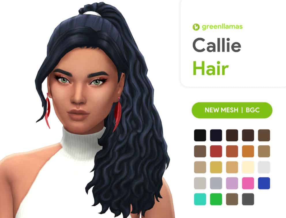 female sim with curly hair in a ponytail