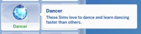 sims 4 dancer trait shown in cas screen