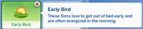 sims 4 early bird trait shown in cas screen