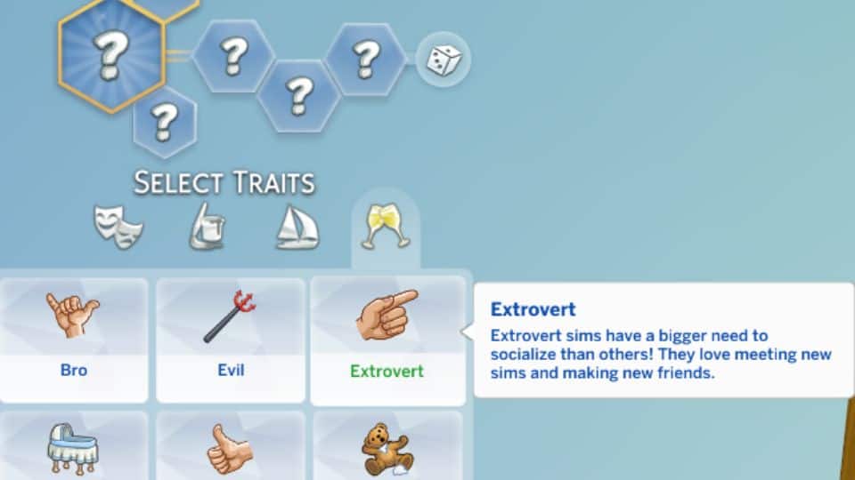 sims 4 extrovert trait shown in cas screen