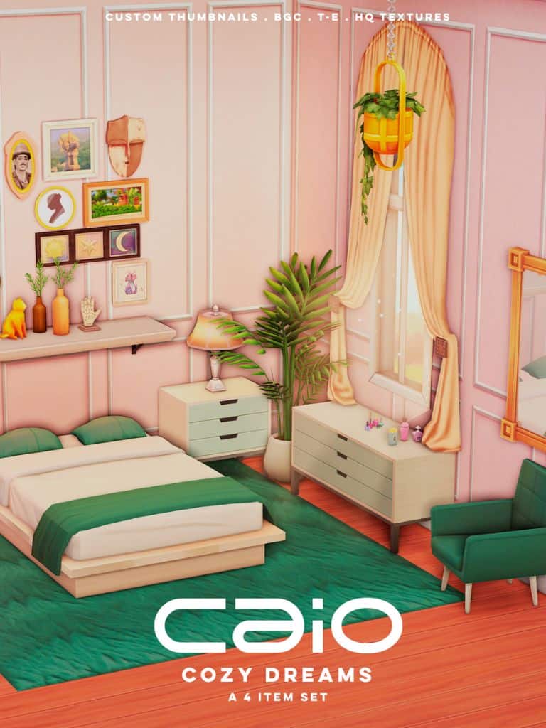 green and beige bedroom furniture in pink room