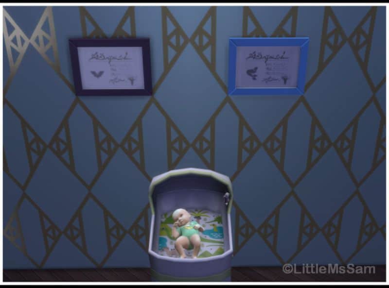 baby sim with birth certificates hanging on wall