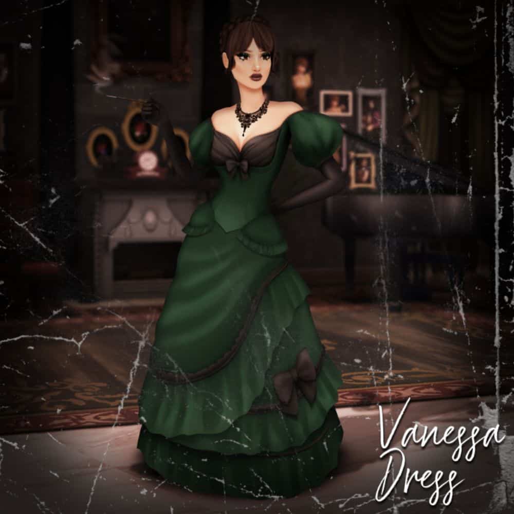 green victorian dress on sims woman