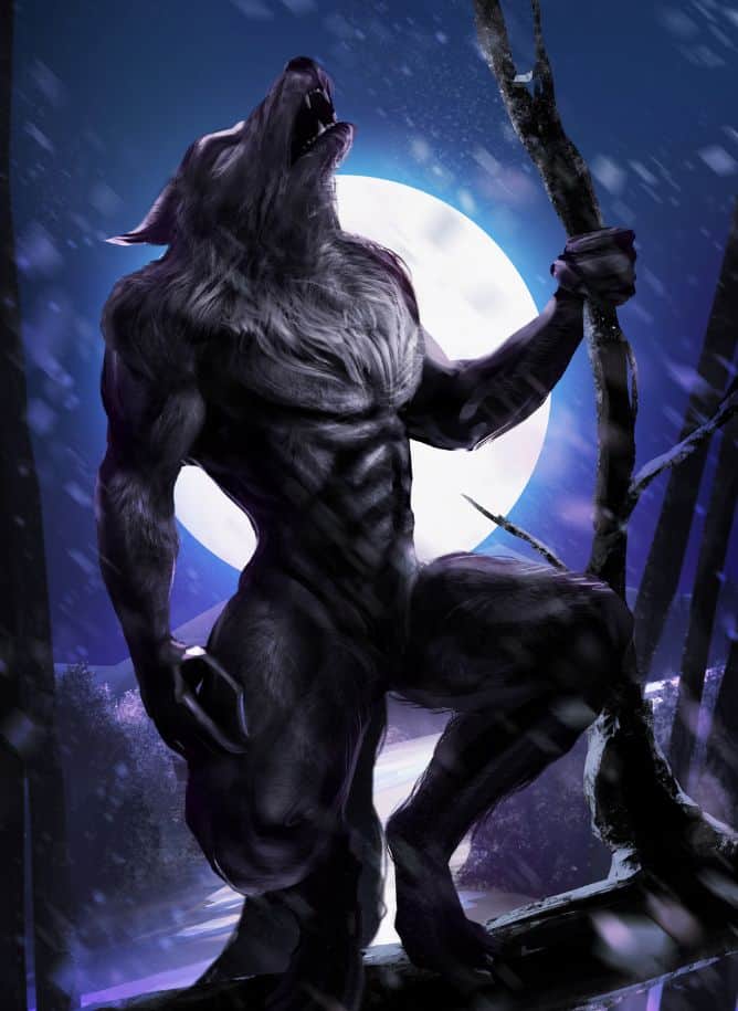 standing werewolf howling to the moon