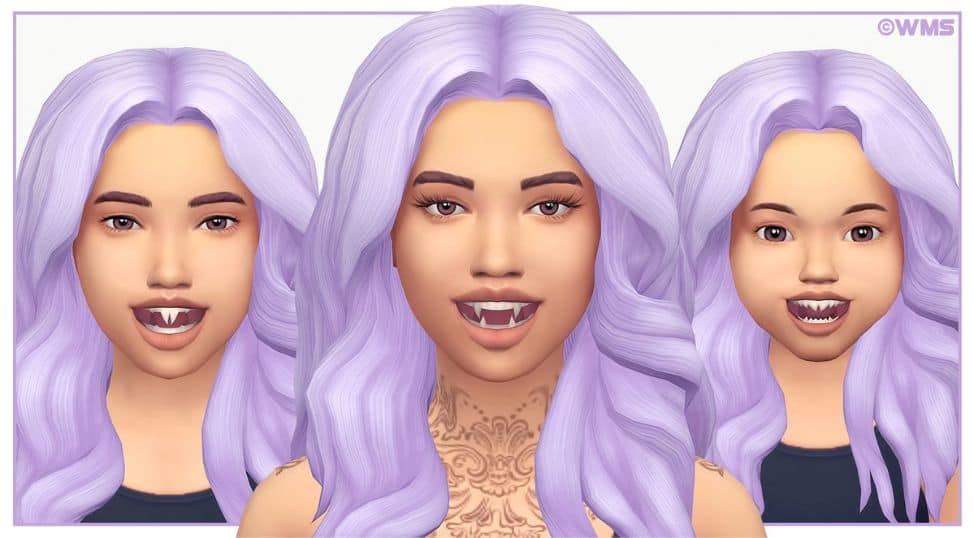 purple-haired and fanged female sims