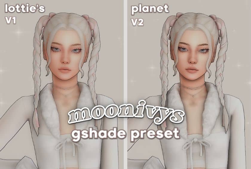 collage sim woman in white with gshade preset