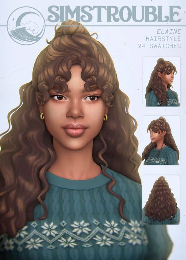 female sim with half upto bun and curly hair