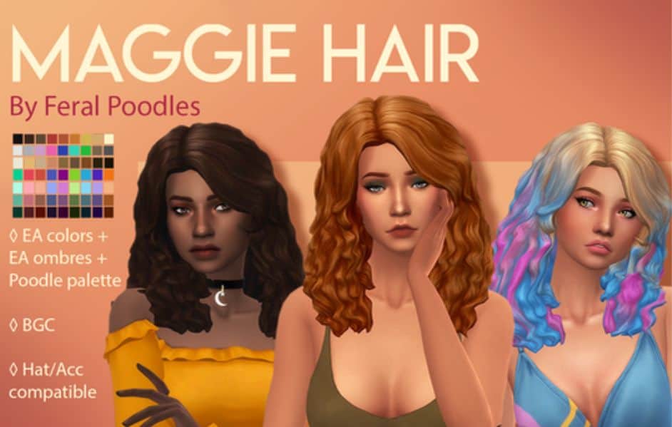 3 female sims with red, brown and multi-color hair