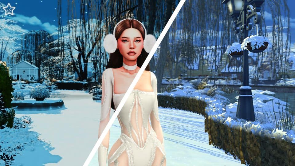 split image of sims woman in snowing scenery