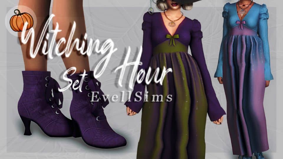 collage sims 4 witch dresses and shoes