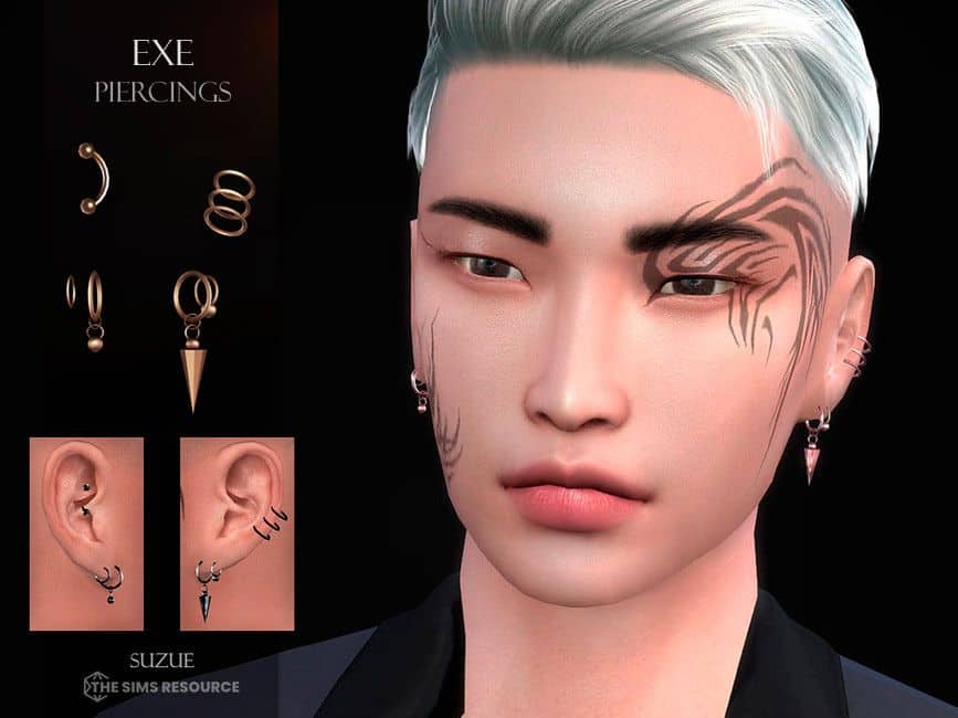 sim man with variety piercings on ears