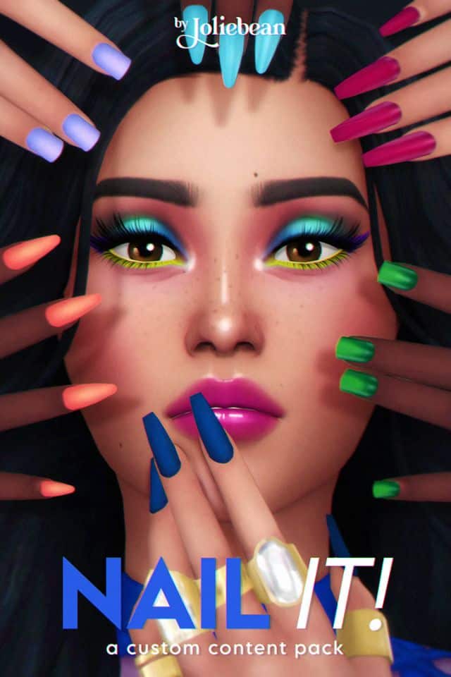 female sim surrounded by different nail shapes