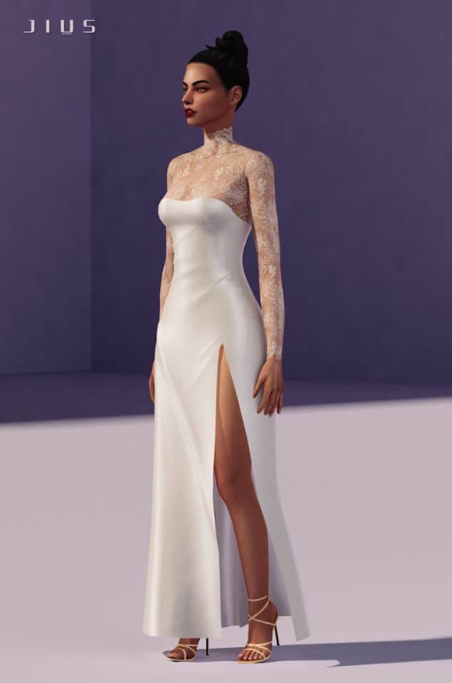 female sim wearing wedding dress with laced arms