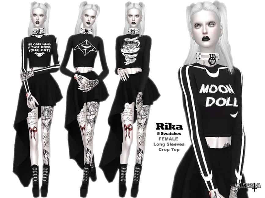 pale skinny goth sim in black long-sleeve cropped top