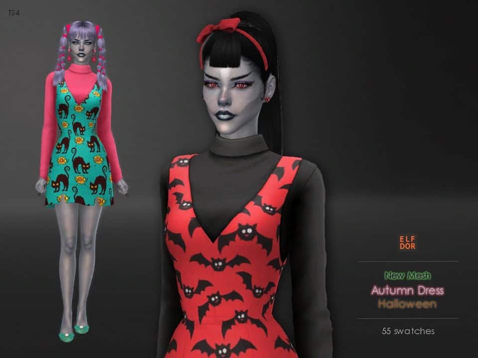 pair gray-skinned sim women in colored dresses