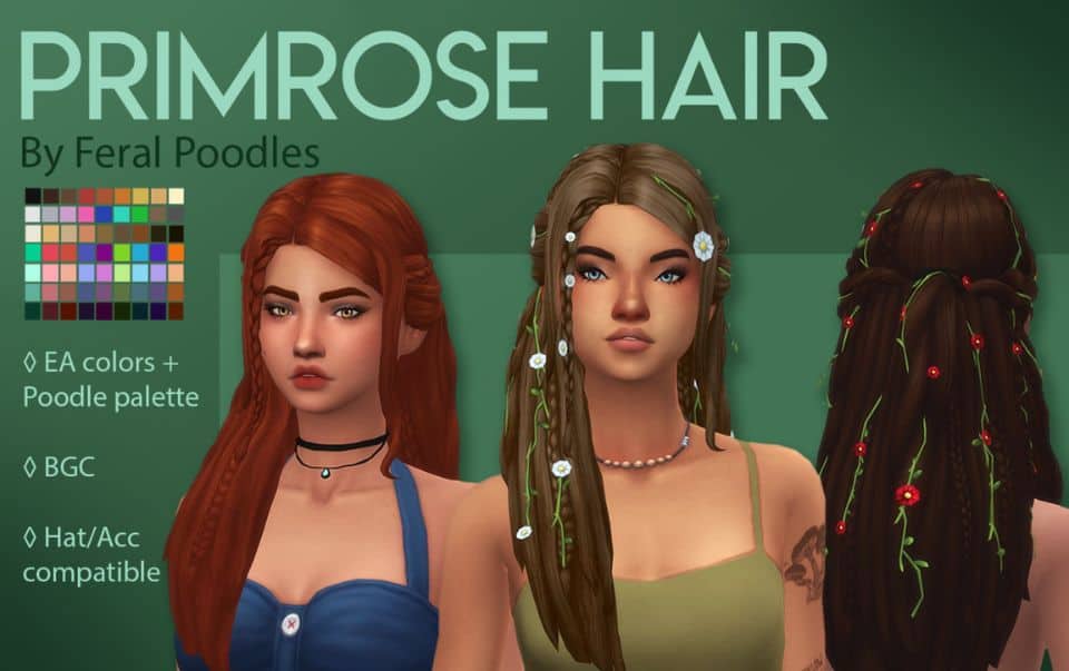 three long-haired sim girls with flowers in hair