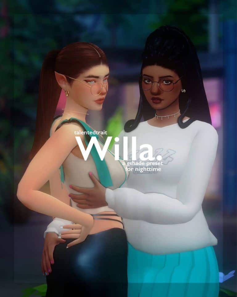 two sim girls embracing outdoors during nighttime