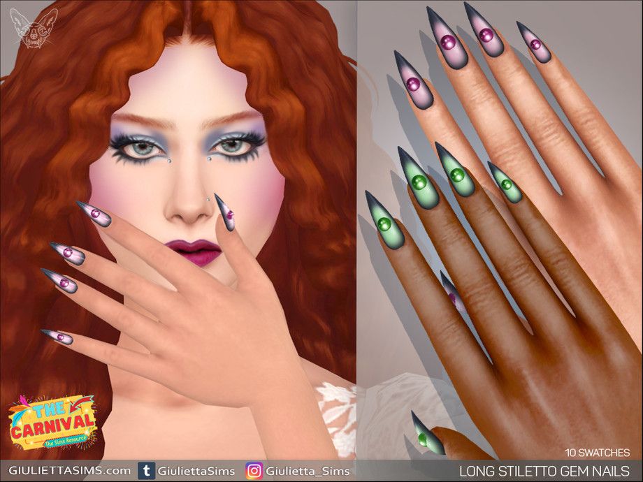 female sim showing her long stiletto nails with gems