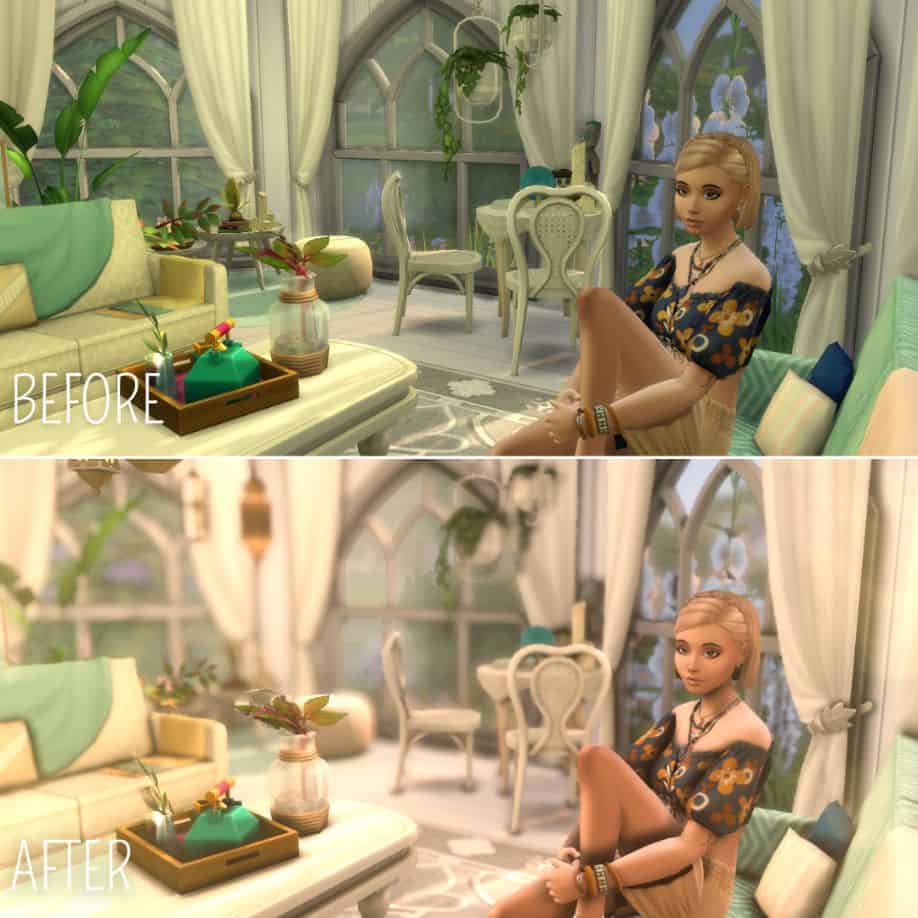 befor after picture reshade of sim in living area