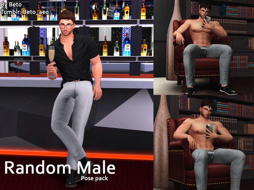 male sims posing at bar and on a chair